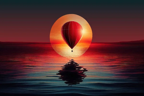 Balonul Zboară Apusul Soarelui Deasupra Mării Desing Ilustrativ Vectorial — Vector de stoc