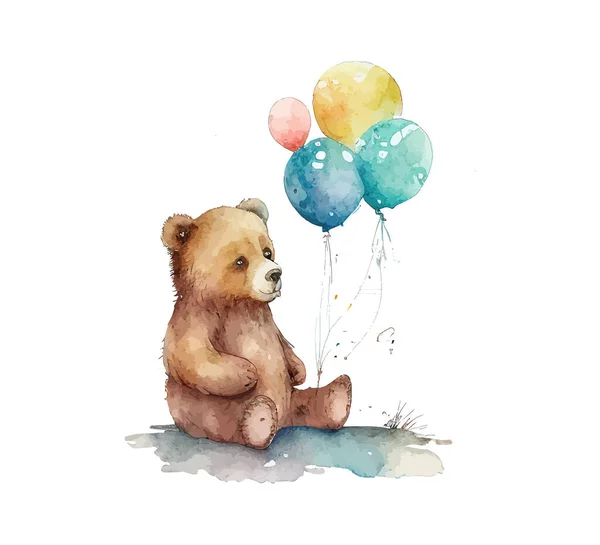 Niedźwiedź Balonami Akwarela Ilustracja Wektora — Wektor stockowy