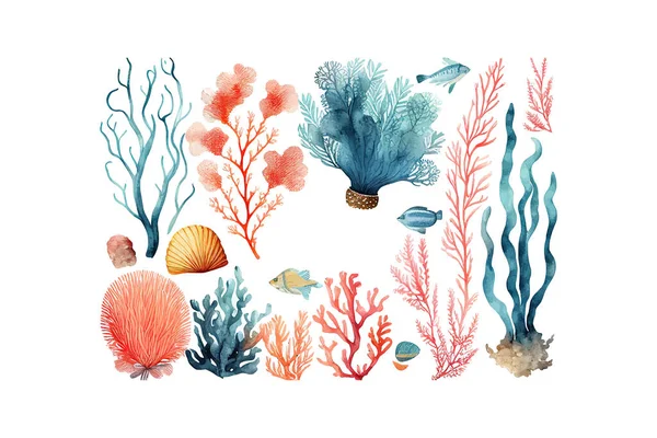 Aquarell Korallen Und Fische Vektorillustration — Stockvektor