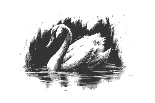 Лебедь Плавает Художественное Черное Векторное Рисование — стоковый вектор
