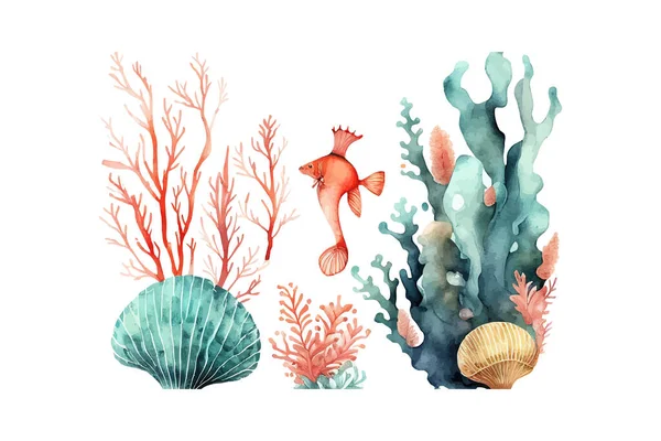Aquarell Korallen Und Fische Vektorillustration — Stockvektor