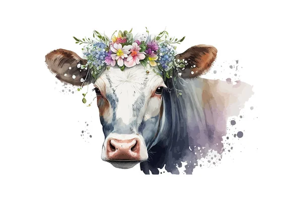 頭の上に花と牛の肖像画は水彩画を描いた ベクターイラストデザイン — ストックベクタ