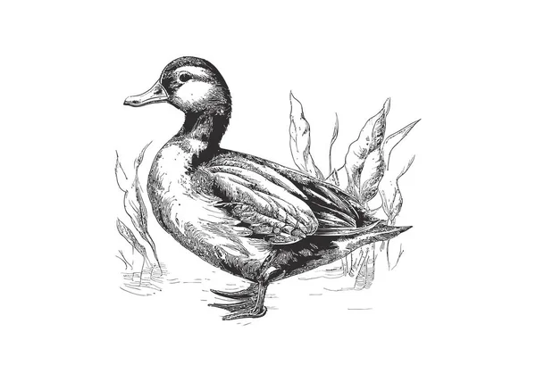 Duck Farm Bird Hand Drawn Engraving Sketch Vector Illustration Desing — Stock Vector