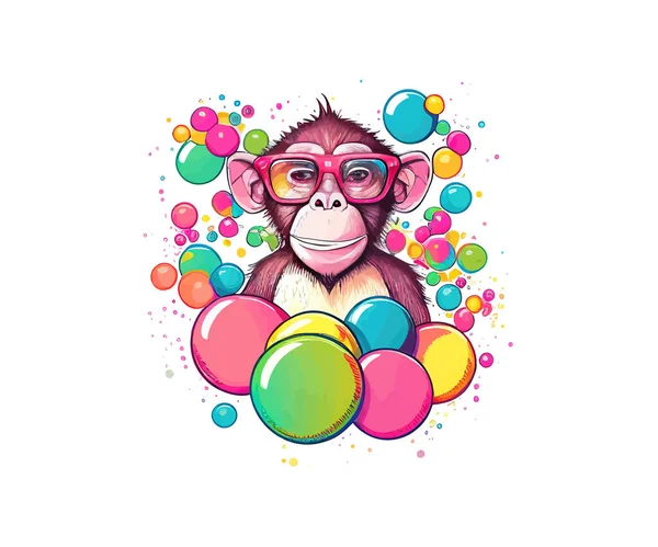 戴着彩虹眼镜和泡泡的滑稽猴子 矢量图解绘制 — 图库矢量图片