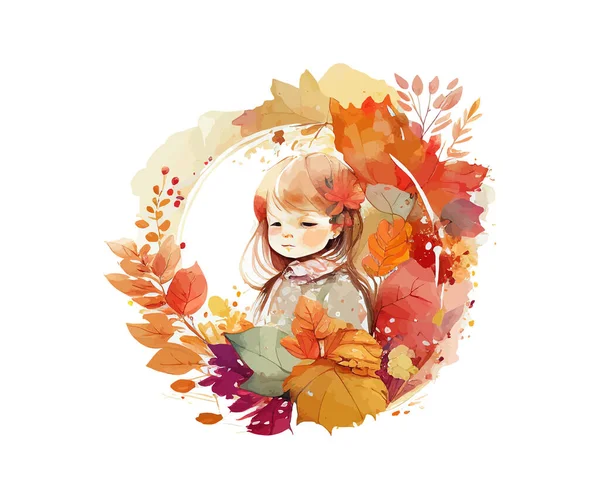 Akwarela Mała Dziewczynka Jesienny Kwiat Ilustracja Wektora — Wektor stockowy