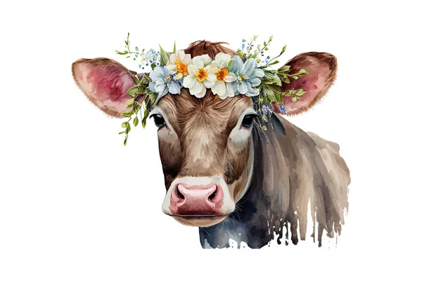 頭の上に花と牛の肖像画は水彩画を描いた ベクターイラストデザイン — ストックベクタ