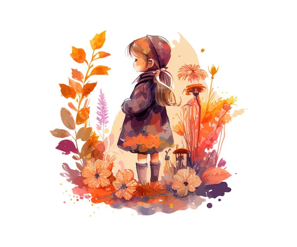 水彩斑斓的小女孩和秋天的花朵 矢量图解绘制 — 图库矢量图片