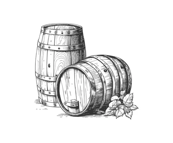 Ξύλινα Βαρέλια Κρασί Vintage Σκίτσο Χέρι Που Απενεργοποίηση Εικονογράφησης Διανύσματος — Διανυσματικό Αρχείο