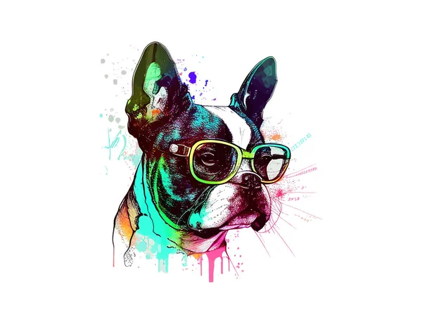 Boston Terrier Perro Las Gafas Arte Sucio Diseño Ilustración Vectorial — Vector de stock