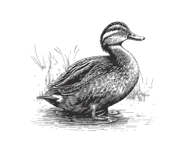 Kachní Farmářský Pták Ručně Kreslený Rytý Náčrt Popisování Vektorové Ilustrace — Stockový vektor
