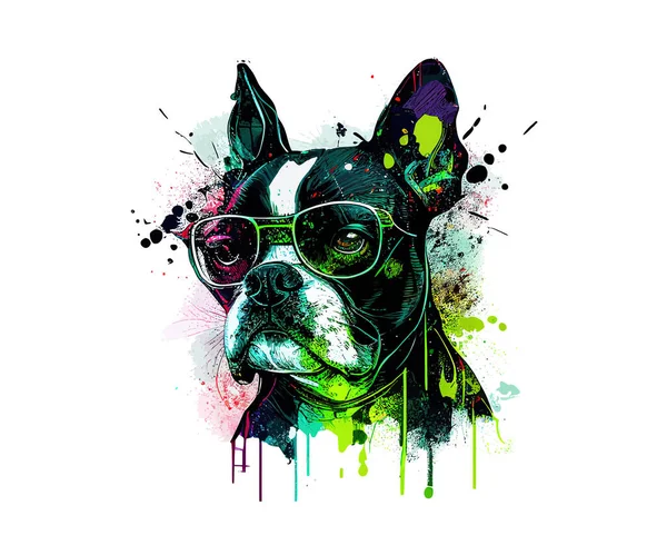 Boston Terrier Kutya Szemüvegben Mocskos Művészet Vektoros Illusztráció — Stock Vector