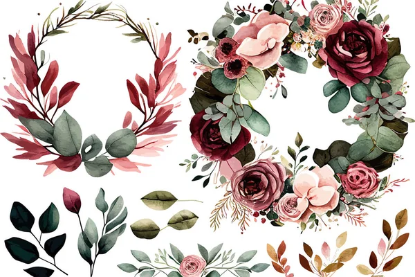 Στεφάνι Ακουαρέλα Πράσινα Φύλλα Μπορντό Λουλούδια Απενεργοποίηση Εικονογράφησης Διανύσματος — Διανυσματικό Αρχείο