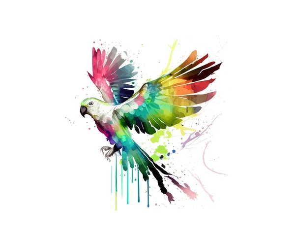 Bílý Létající Papoušek Duhovými Křídly Akvarel Popisování Vektorové Ilustrace — Stockový vektor