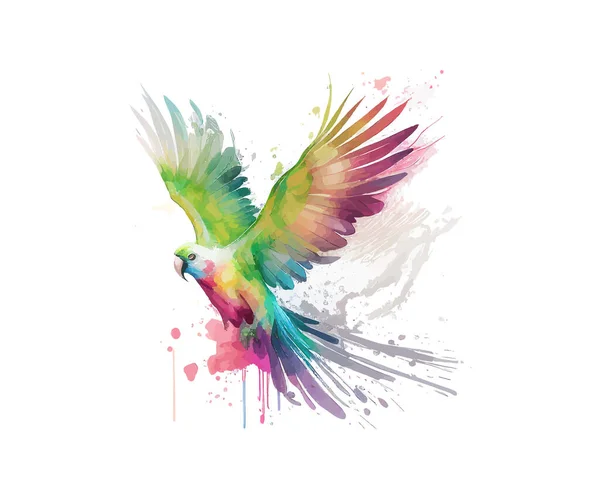 Biała Latająca Papuga Akwarelowymi Tęczowymi Skrzydłami Ilustracja Wektora — Wektor stockowy