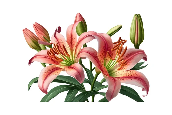 Hermosas Flores Lirio Rosa Coral Con Hojas Verdes Diseño Ilustración — Archivo Imágenes Vectoriales