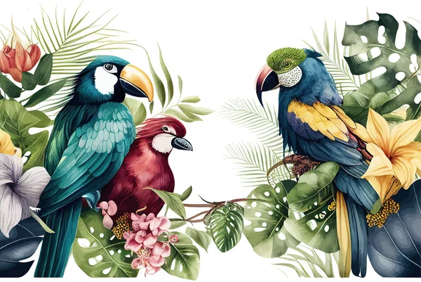 Fundo Tropical Com Plantas Pássaros Desenho Ilustração Vetorial — Vetor de Stock