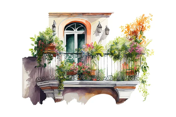 Sommer Balkon Aquarell Vektorillustration — Stockvektor