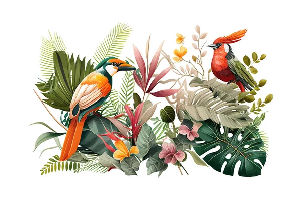 植物や鳥と熱帯の背景 ベクターイラストデザイン — ストックベクタ