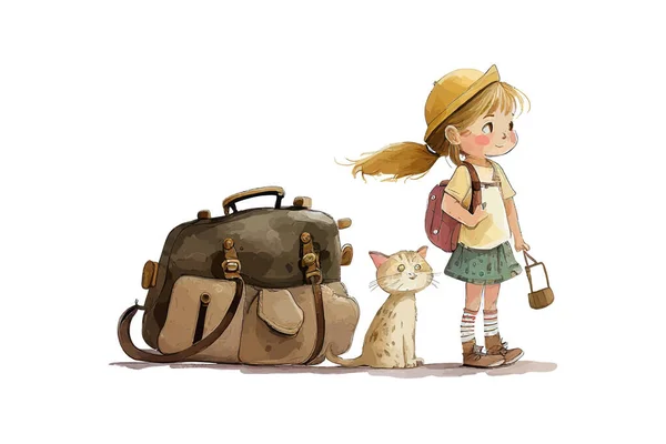 Menina Viajante Com Gato Desenho Ilustração Vetorial — Vetor de Stock