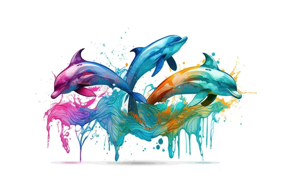 Delfine Schwimmen Meer Bunte Sommervorlage Vektorillustration — Stockvektor