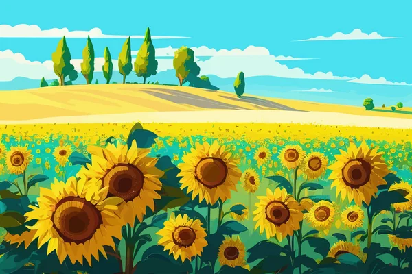 Солнечный День Поле Подсолнухами Красочное Лето Векторное Рисование — стоковый вектор