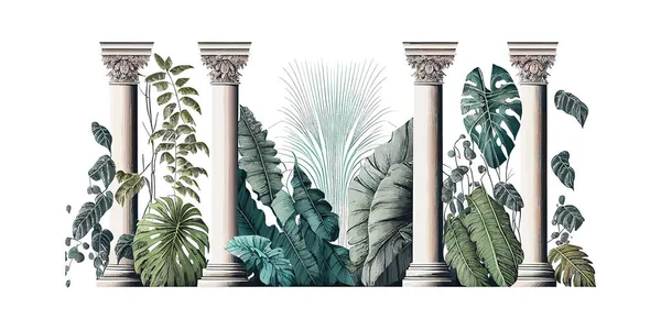 Малювали Тропічні Екзотичні Рослини Листя Серед Грецьких Колонок Векторні Ілюстрації — стоковий вектор