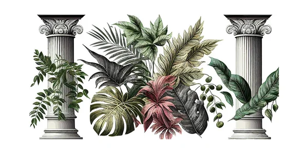 Gezeichnete Tropische Exotische Pflanzen Und Blätter Zwischen Den Griechischen Säulen — Stockvektor