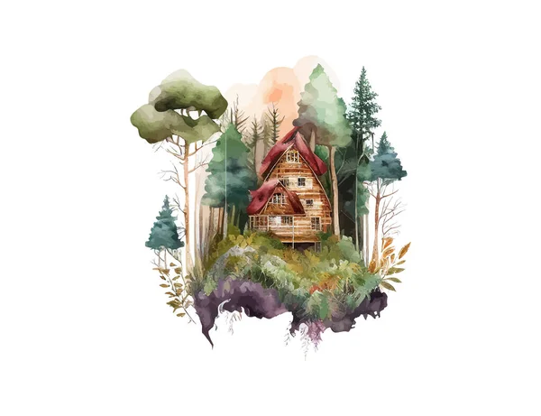 Casa Jumătate Din Lemn Pădure Groase Acuarelă Desing Ilustrații Vectoriale — Vector de stoc