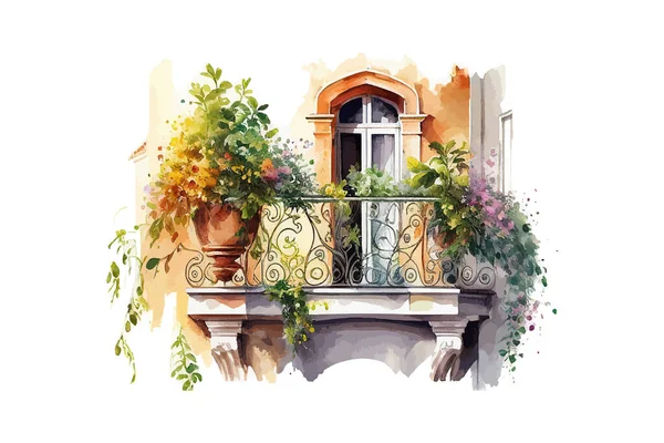 Summer Balcony Watercolor Vector Illustration Desing — Stock Vector