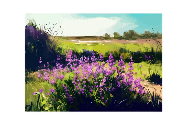 Paisaje Verano Con Flores Silvestres Púrpuras Hierba Diseño Ilustración Vectorial — Vector de stock