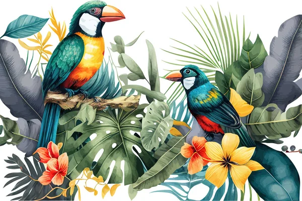 植物や鳥と熱帯の背景 ベクターイラストデザイン — ストックベクタ
