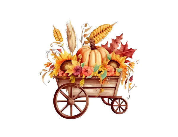 Wooden Cart Autumn Leaves Pumpkins Corn Sunflow Vector Illustration Desing — Stock Vector
