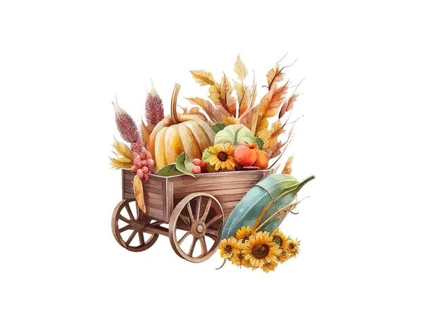Wooden Cart Autumn Leaves Pumpkins Corn Sunflow Vector Illustration Desing — Stock Vector