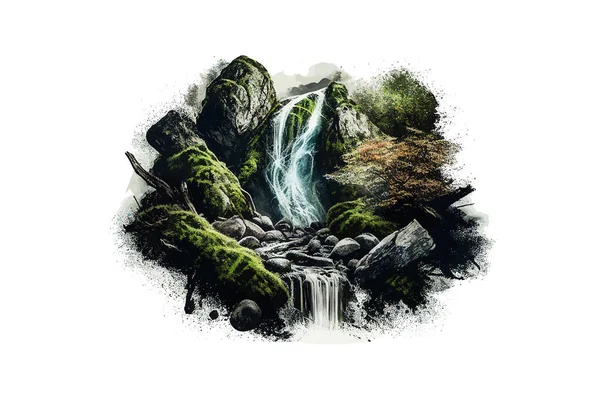Vodopád Krajina Kameny Pokryté Zeleným Mechem Popisování Vektorové Ilustrace — Stockový vektor