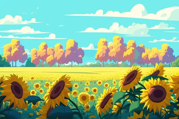 Însorită Câmp Floarea Soarelui Vara Plină Culoare Desing Ilustrații Vectoriale — Vector de stoc
