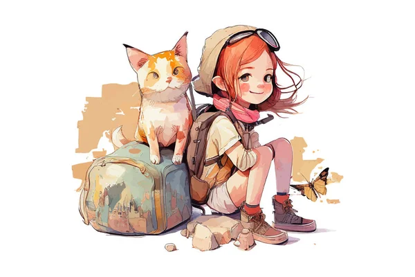 Menina Viajante Com Gato Desenho Ilustração Vetorial — Vetor de Stock
