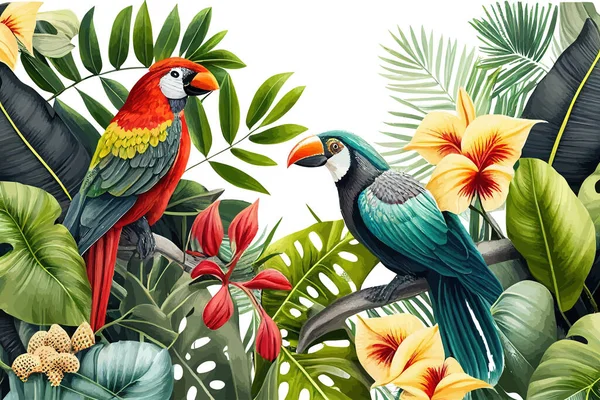 Latar Belakang Tropis Dengan Tanaman Dan Burung Ilustrasi Vektor Desing - Stok Vektor