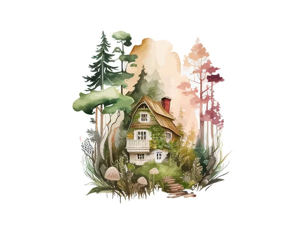森林中的半木结构房屋 水彩斑斓 矢量图解绘制 — 图库矢量图片