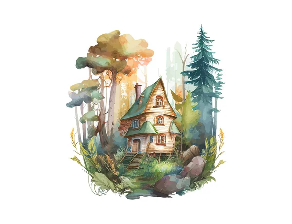森林肥厚水彩画の半分の層状の家 ベクターイラストデザイン — ストックベクタ