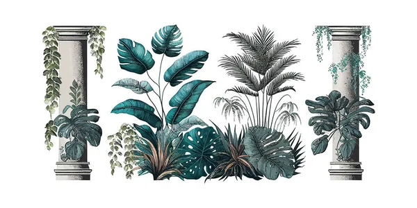 Nakreslené Tropické Exotické Rostliny Listy Mezi Řeckými Sloupy Popisování Vektorové — Stockový vektor