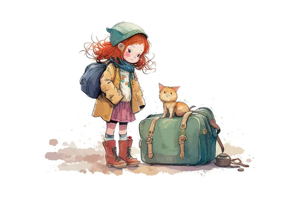 Menina Viajante Com Gato Desenho Ilustração Vetorial —  Vetores de Stock