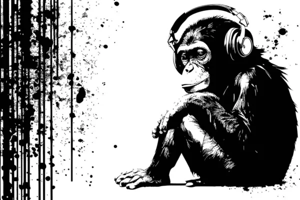 头戴耳机的黑猩猩 矢量图解绘制 — 图库矢量图片