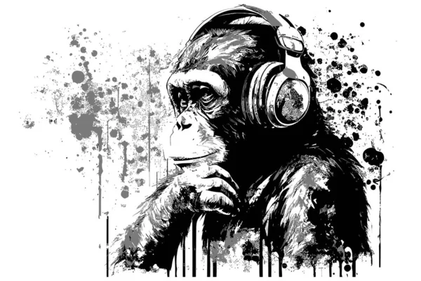 Schimpanse Mit Kopfhörer Vektorillustration — Stockvektor