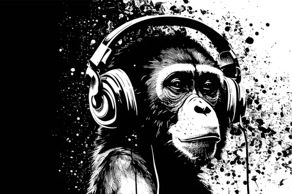 Chimpanzé Nos Auscultadores Desenho Ilustração Vetorial —  Vetores de Stock