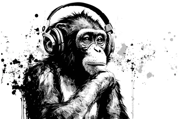 头戴耳机的黑猩猩 矢量图解绘制 — 图库矢量图片