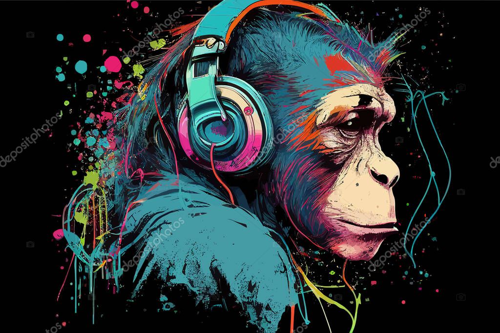 Chimpanzee in headphones. Vector illustration desing.
