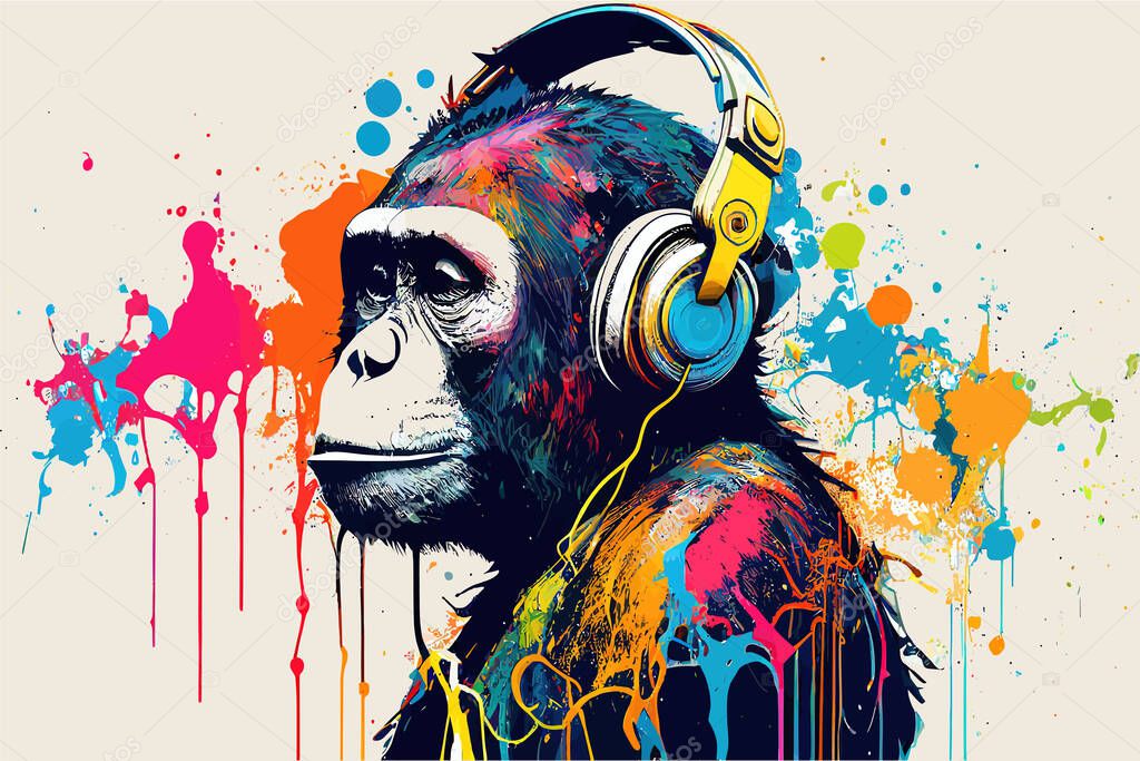 Chimpanzee in headphones. Vector illustration desing.