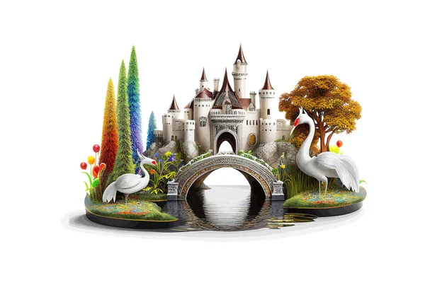 Fairy Tale Castle Pond Swans Vector Illustration Desing — Stock Vector