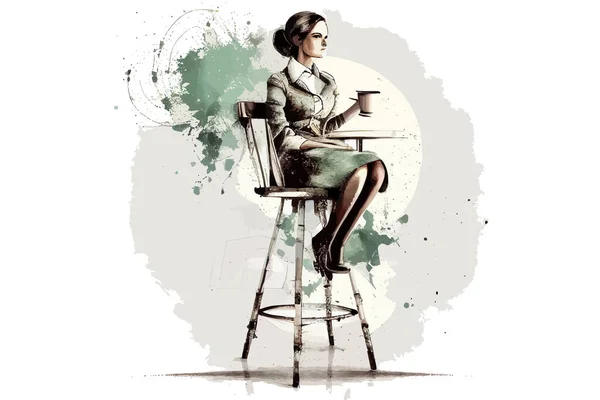 Güzel Bir Kadın Elinde Fincanla Yüksek Bir Sandalyede Oturuyor Vektör — Stok Vektör