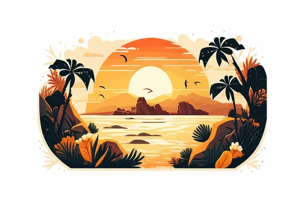 Sonnenuntergang Meer Sommer Tropischer Strand Mit Sonne Und Bergen Vektorillustration — Stockvektor